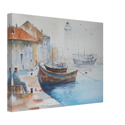 Reproduction sur toile Matin sur le port, aquarelle avec barques et paysage portuaire