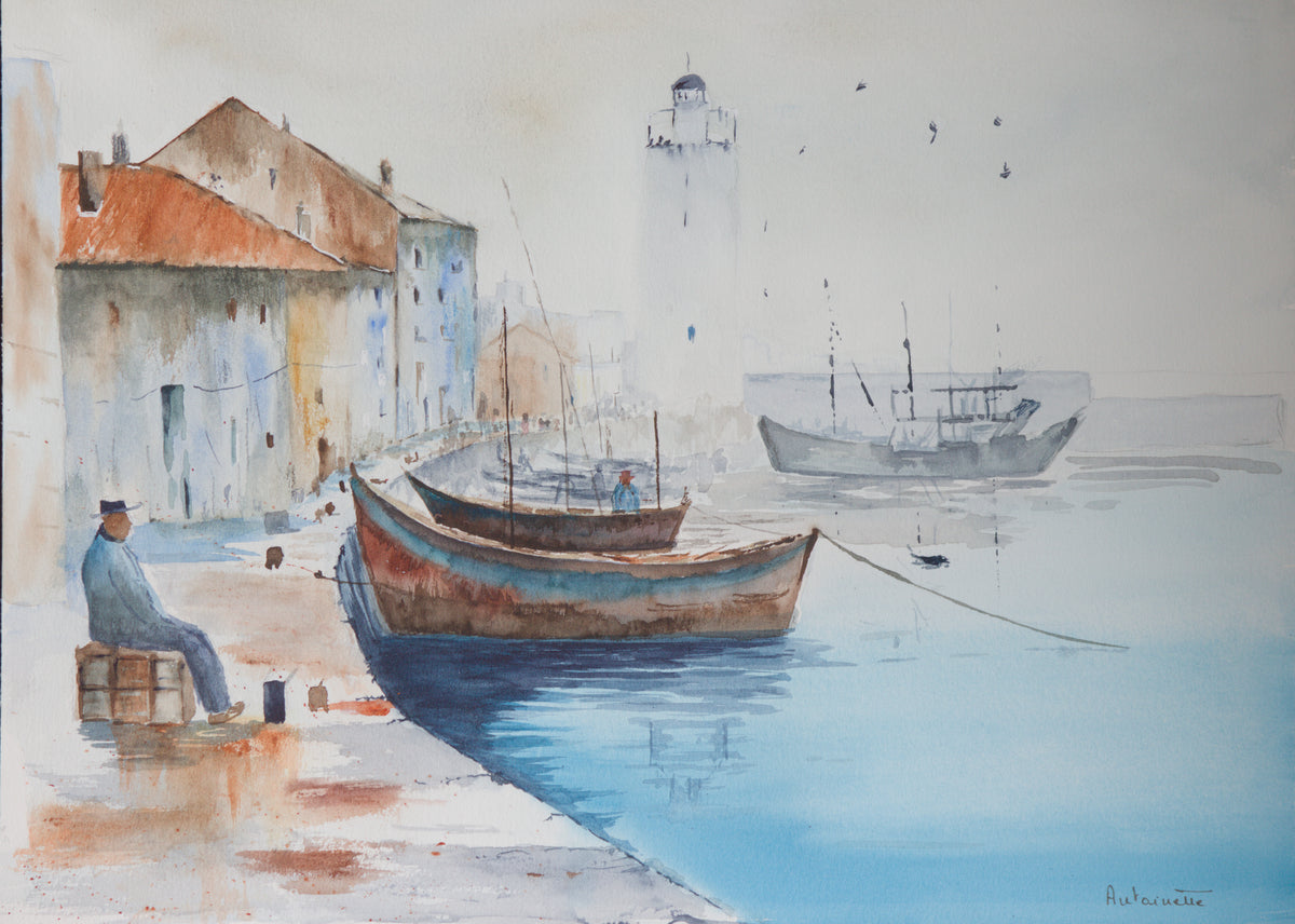 Aquarelle originale Matin sur le port avec barques, pêcheur et façades au bord de l’eau