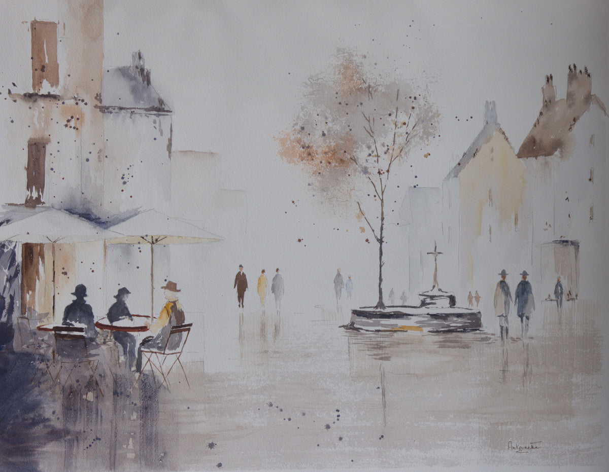 Aquarelle originale Place de village, scène de village avec terrasse de café, arbre et personnages, 37 × 47 cm