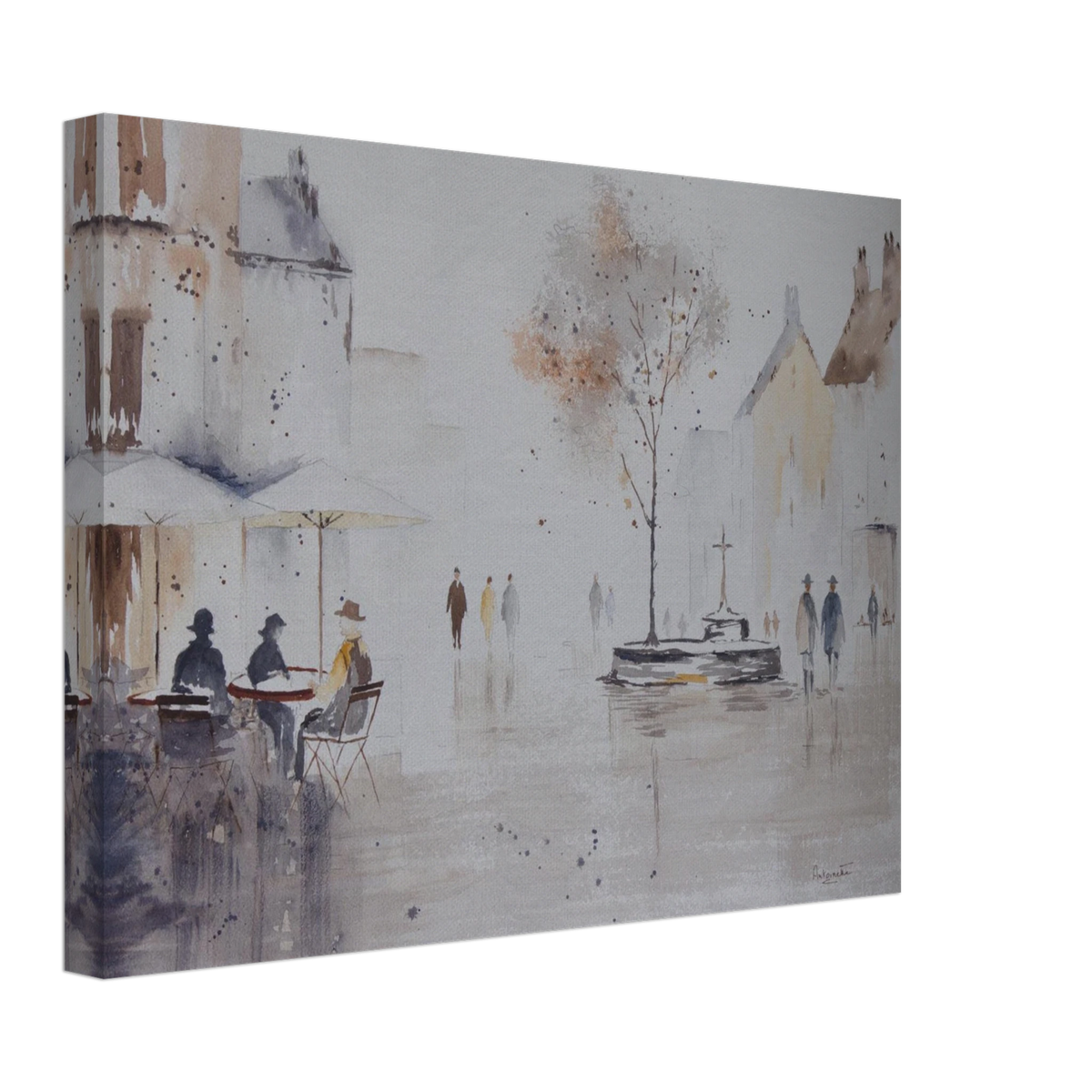 Reproduction sur toile Place de village, aquarelle avec terrasse de café, arbre et silhouettes dans une atmosphère douce